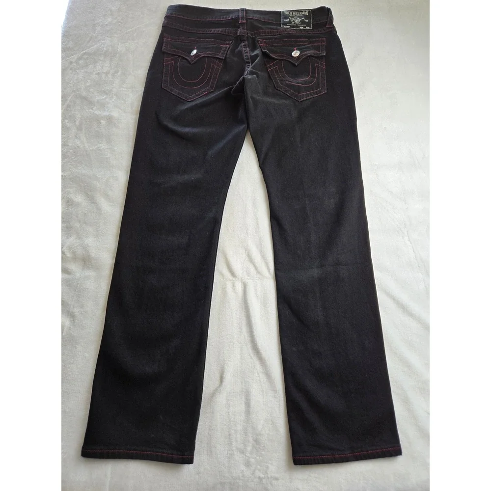 True Religion Ricky Relaxed Straight Black Jeans Red‎ Contrast Stitch Mens 36